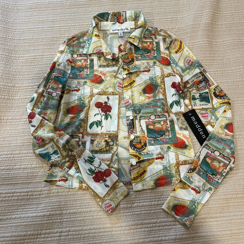 Madden Girl Cream Button-Down Shirt with Red Rose & Multicolor Vintage Print